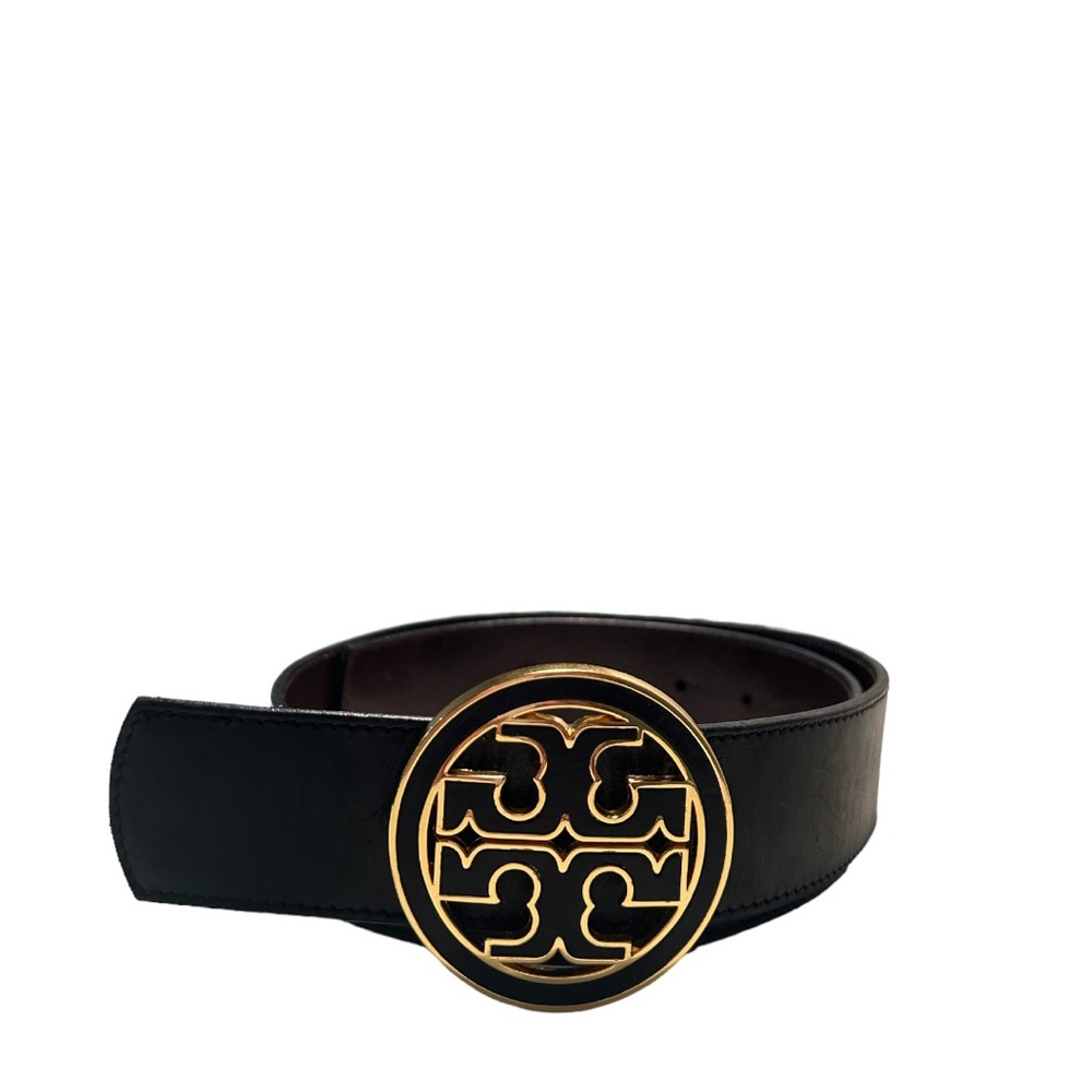 Tory Burch Black Leather Belt with Gold Logo Medallion